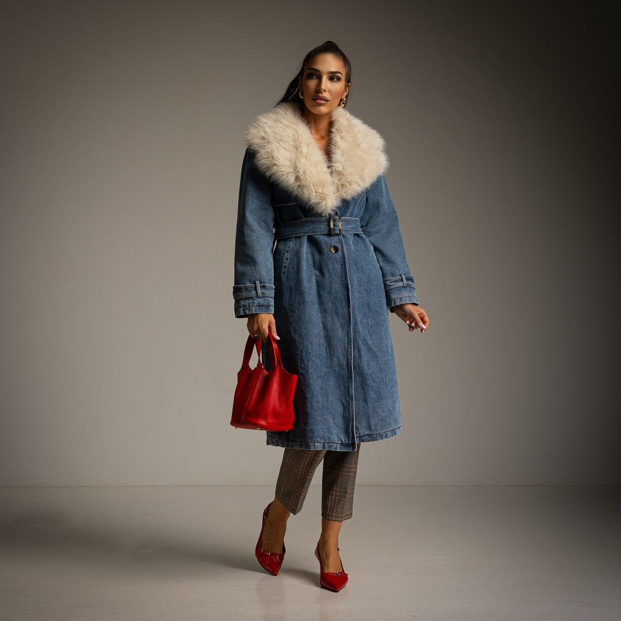 Quilted trench coat with removable fur and belt