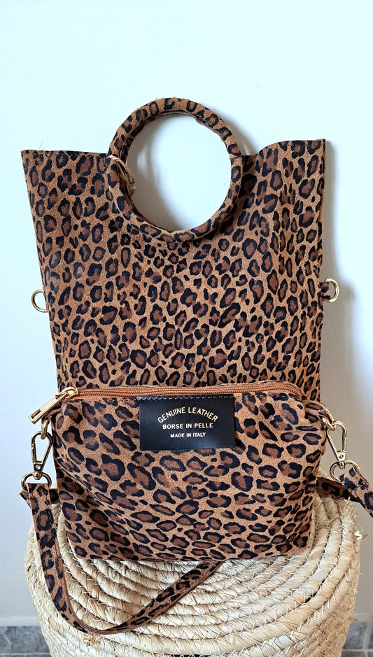 Convertible handbag into animal print shoulder bag