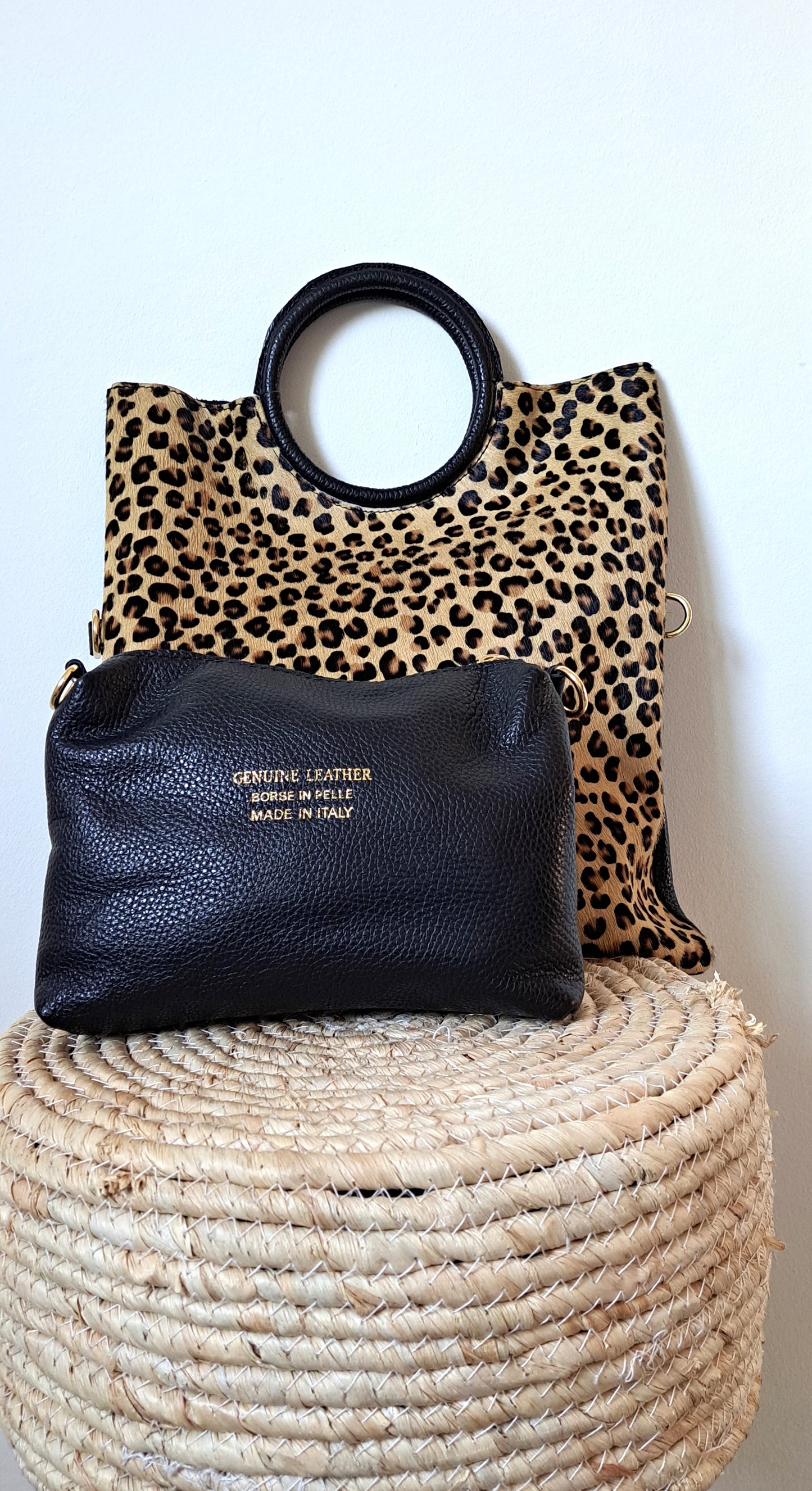 Convertible handbag into animal print shoulder bag